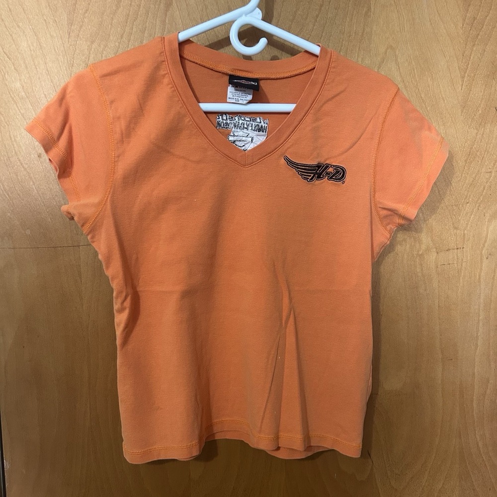 Harley Davidson‎ Shirt Womens Large Orange Embroidered Motorcycles Wisconsin